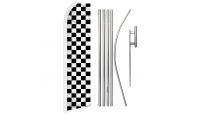 Black & White Checkered Superknit Polyester Swooper Flag Size 11.5ft by 2.5ft & 6 Piece Pole & Ground Spike Kit