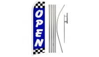 Open Blue Checkered Superknit Polyester Swooper Flag Size 11.5ft by 2.5ft & 6 Piece Pole & Ground Spike Kit