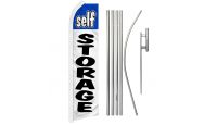 Self Storage Blue & White Superknit Polyester Swooper Flag Size 11.5ft by 2.5ft & 6 Piece Pole & Ground Spike Kit