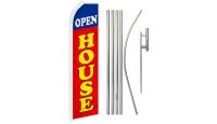 Open House Blue & Red Superknit Polyester Swooper Flag Size 11.5ft by 2.5ft & 6 Piece Pole & Ground Spike Kit