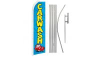 Car Wash Blue Superknit Polyester Swooper Flag Size 11.5ft by 2.5ft & 6 Piece Pole & Ground Spike Kit
