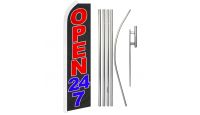 Open 24/7 Superknit Polyester Swooper Flag Size 11.5ft by 2.5ft & 6 Piece Pole & Ground Spike Kit