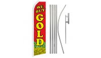 We Buy Gold Red Superknit Polyester Swooper Flag Size 11.5ft by 2.5ft & 6 Piece Pole & Ground Spike Kit