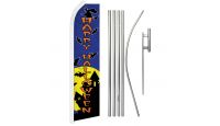 Happy Halloween Blue Superknit Polyester Swooper Flag Size 11.5ft by 2.5ft & 6 Piece Pole & Ground Spike Kit