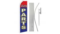 Auto Parts Red & Blue Superknit Polyester Swooper Flag Size 11.5ft by 2.5ft & 6 Piece Pole & Ground Spike Kit