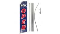Now Open Blue & White  Superknit Polyester Swooper Flag Size 11.5ft by 2.5ft & 6 Piece Pole & Ground Spike Kit
