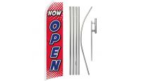 Now Open Red & White  Superknit Polyester Swooper Flag Size 11.5ft by 2.5ft & 6 Piece Pole & Ground Spike Kit