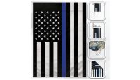 H&G Studios Thin Blue Line Printed Polyester Flag 12in by 18in with close ups of material and on pole