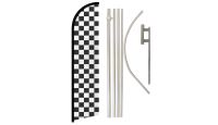 Black & White Checkered Superknit Polyester Swooper Flag Size 11.5ft by 2.5ft & 6 Piece Pole & Ground Spike Kit
