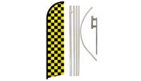 Yellow & Black Checkered Superknit Polyester Swooper Flag Size 11.5ft by 2.5ft & 6 Piece Pole & Ground Spike Kit