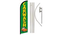 Car Wash Green Superknit Polyester Swooper Flag Size 11.5ft by 2.5ft & 6 Piece Pole & Ground Spike Kit