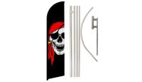 Red Bandana Jolly Roger Superknit Polyester Swooper Flag Size 11.5ft by 2.5ft & 6 Piece Pole & Ground Spike Kit