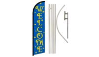 Welcome Stars Blue Superknit Polyester Swooper Flag Size 11.5ft by 2.5ft & 6 Piece Pole & Ground Spike Kit