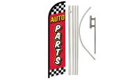 Auto Parts  Red Checkered Superknit Polyester Swooper Flag Size 11.5ft by 2.5ft & 6 Piece Pole & Ground Spike Kit