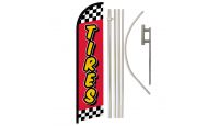 Tires Red Checkered Superknit Polyester Swooper Flag Size 11.5ft by 2.5ft & 6 Piece Pole & Ground Spike Kit