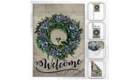 H&G Studios  Welcome Wreath Bird  Printed Polyester Flag 12in by 18in with close ups of material and on pole