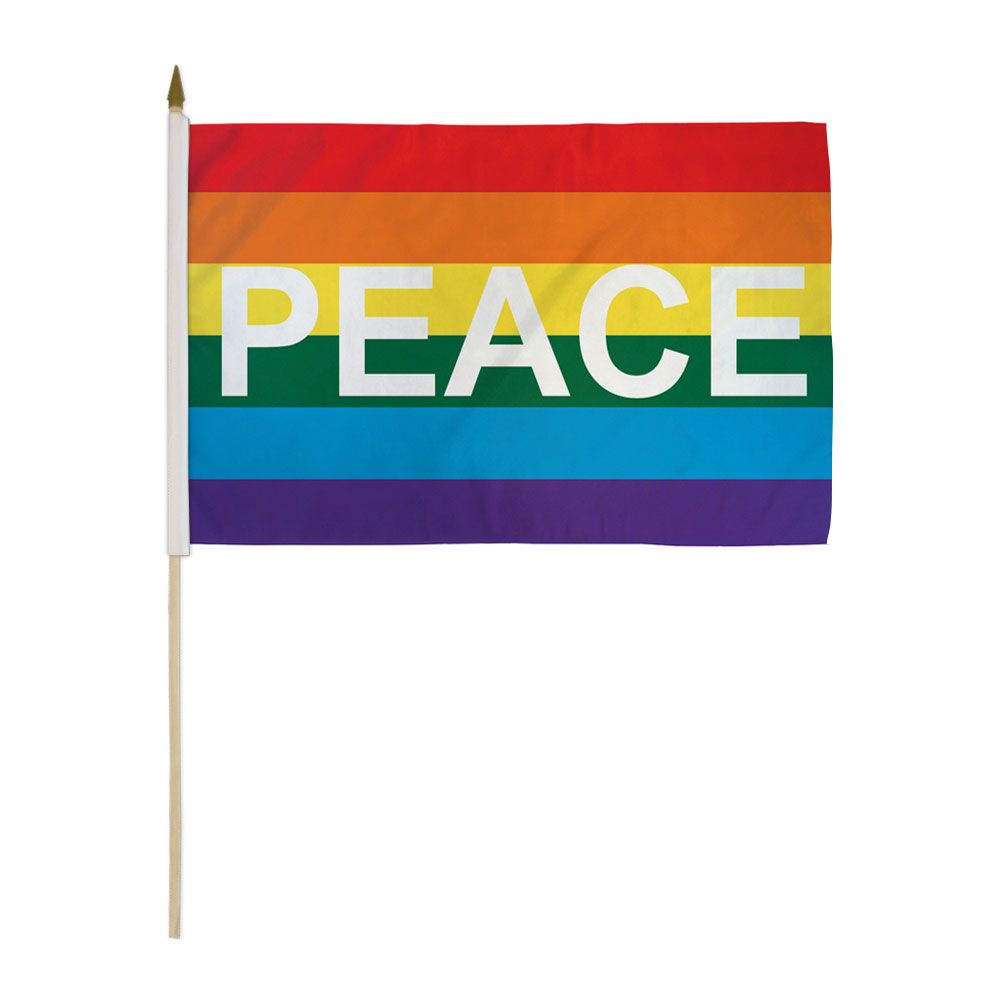 PEACE LOVE AND HAPPINESS  PACK OF 12 SMALL HAND FLAGS flag 6"x4" with pole HIPPY 