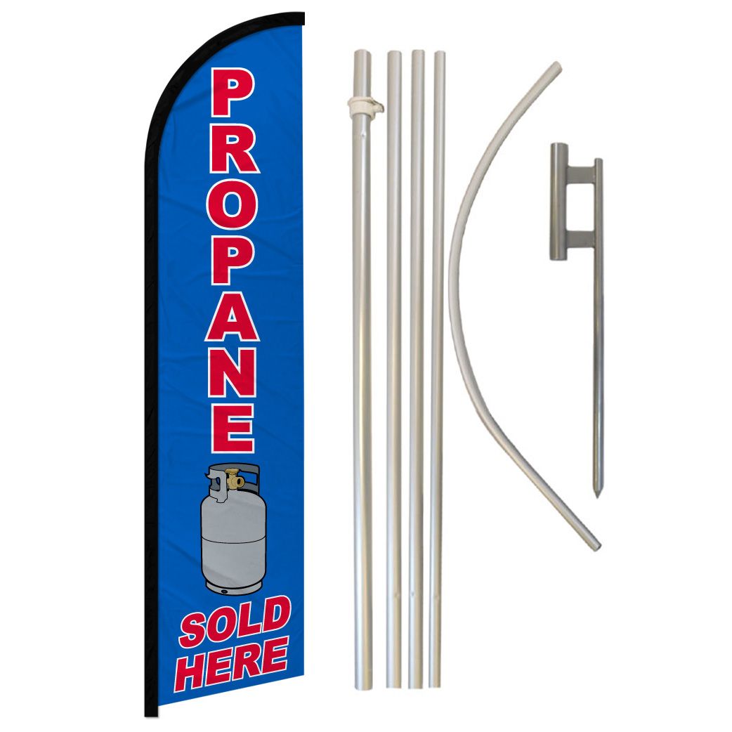 Propane Sold Here Blue & Red Windless Banner Flag & 16ft Flagpole Kit /Ground 